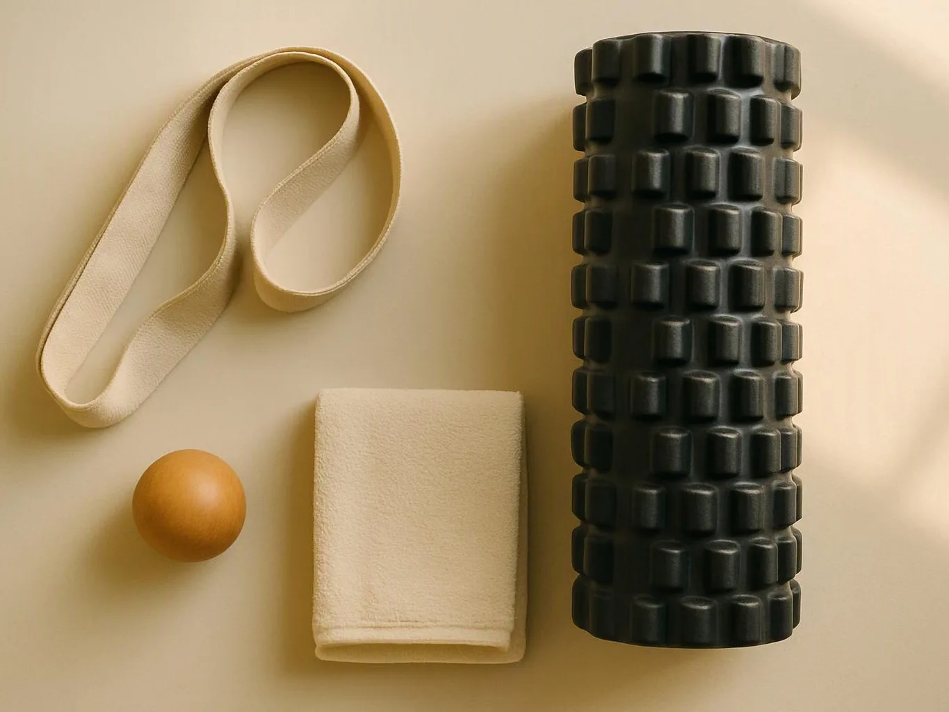 A beige yoga strap, a small wooden ball, a folded towel, and a black textured foam roller rest on a soft background