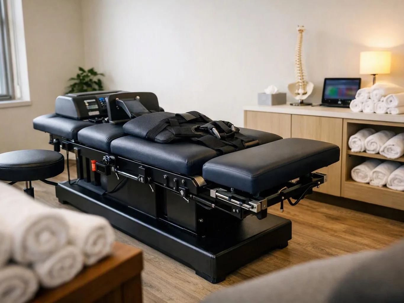 A black chiropractic table sits in a treatment room beside towels, a lamp, and a spine model
