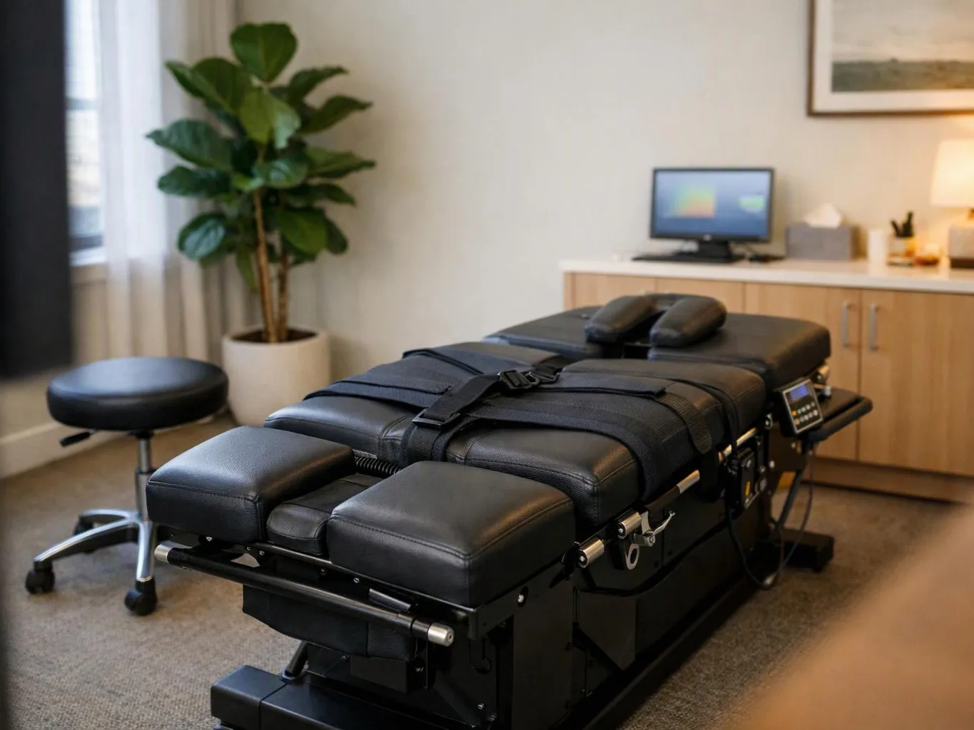 A black padded massage table sits in a tidy treatment room with a stool, plant, desk, and lamp
