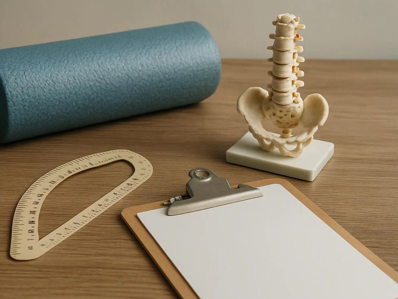 A blank clipboard sits beside a ruler, foam roller, and spine model on a wooden table