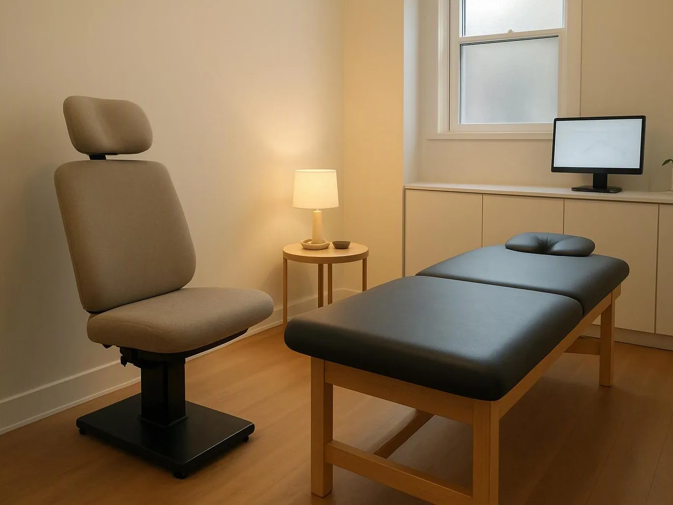 A calm treatment room has a padded chair, exam table, small lamp, and a computer on a cabinet