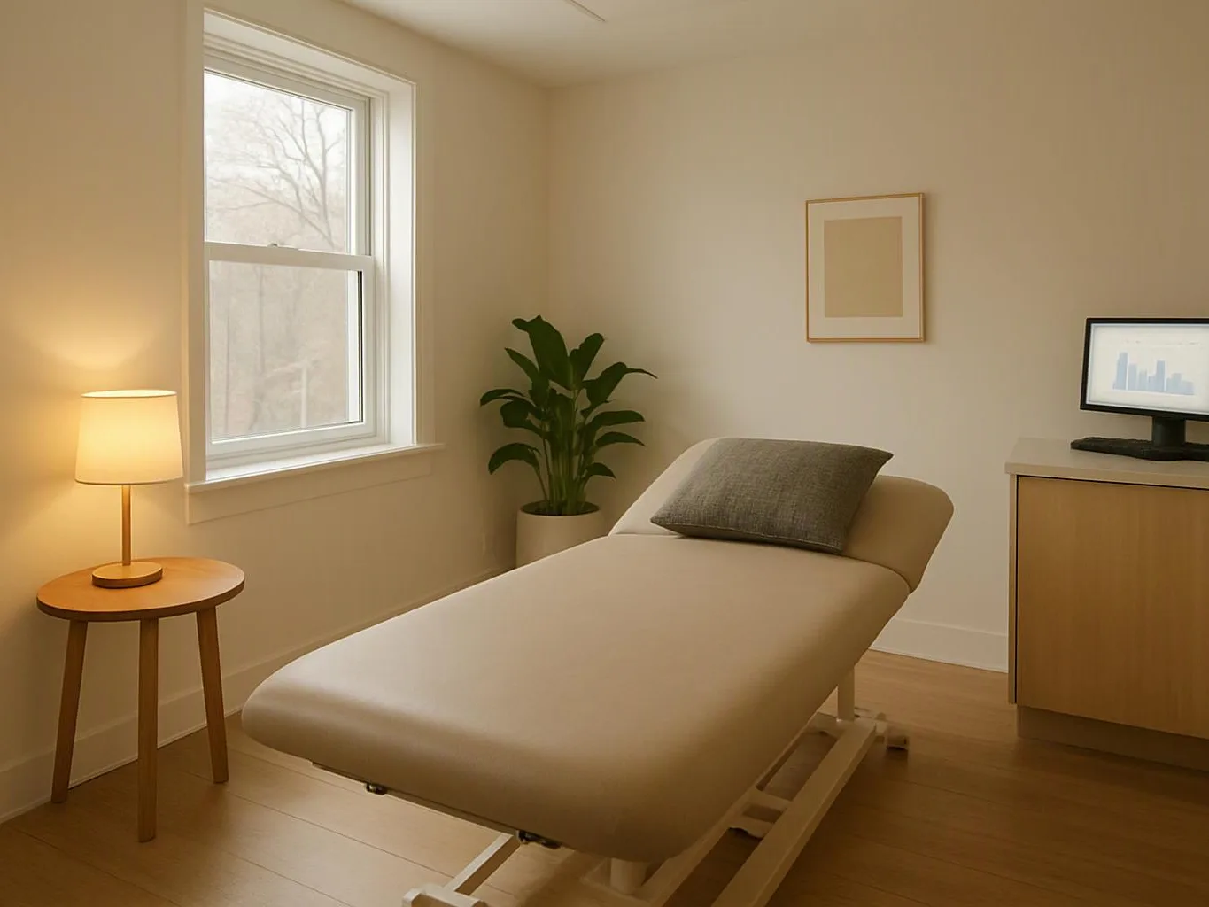 A calm treatment room with a padded exam bed, lamp, plant, and monitor beside a window