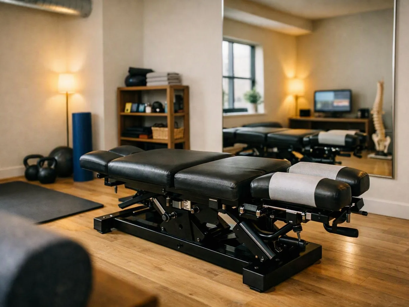 A chiropractic treatment table sits in a quiet therapy room with mirrors, lamps, shelves, and exercise equipment