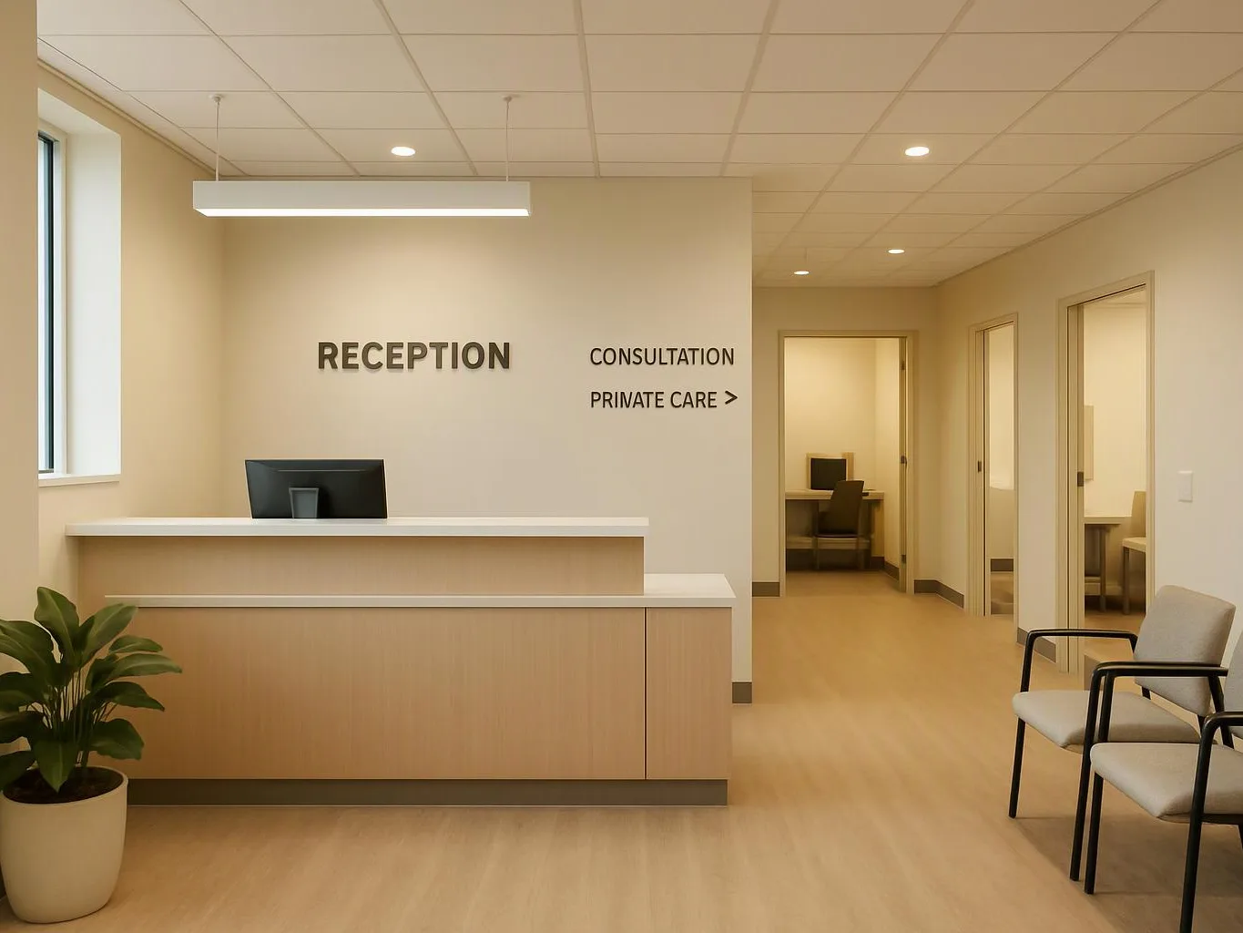 A clean clinic reception desk sits in a beige hallway with chairs, open doorways, and readable wall signs