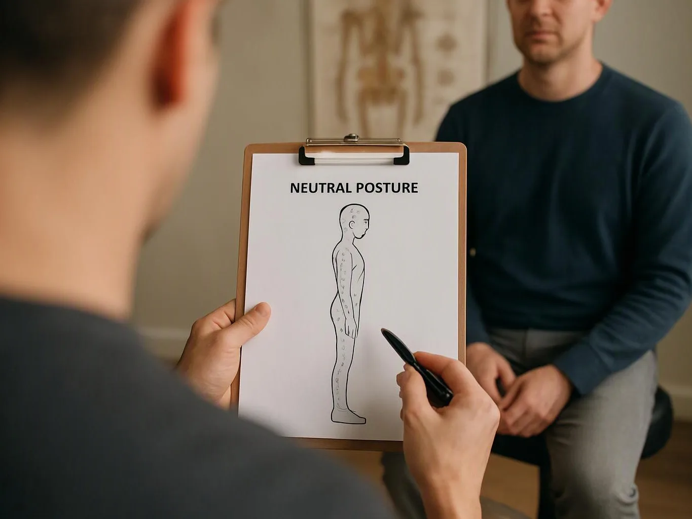 A clinician holds a clipboard with a posture diagram while a seated man watches in a consultation room