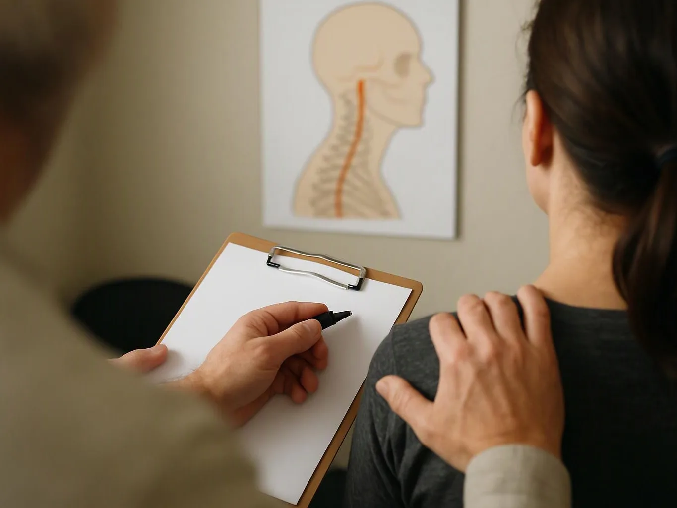 A clinician writes on a clipboard while touching a seated woman’s shoulder in a medical exam room