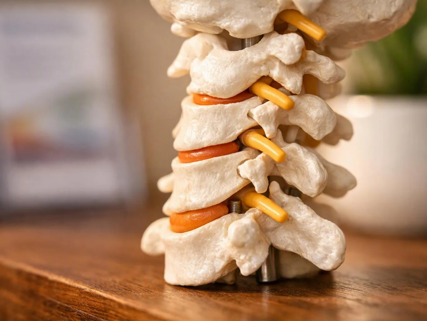 A close-up model of stacked vertebrae with orange discs sits on a wooden table