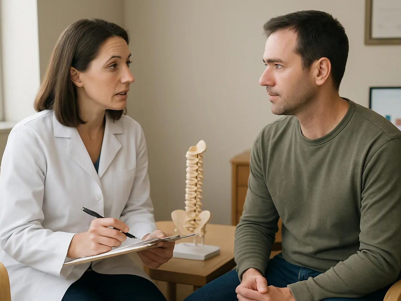 A doctor in a white coat talks with a seated man beside a spine model in a small exam room