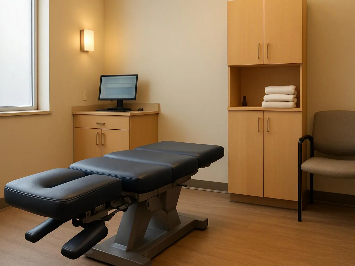 An empty examination room with a treatment table, cabinets, a monitor, and a chair is shown