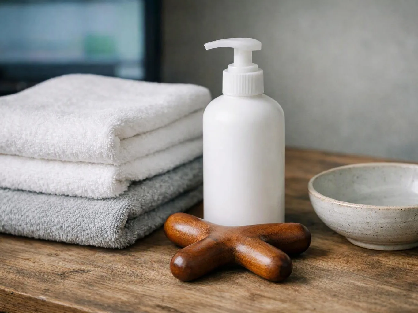 Folded towels, a white pump bottle, a wooden massager, and a ceramic bowl sit on a wooden table