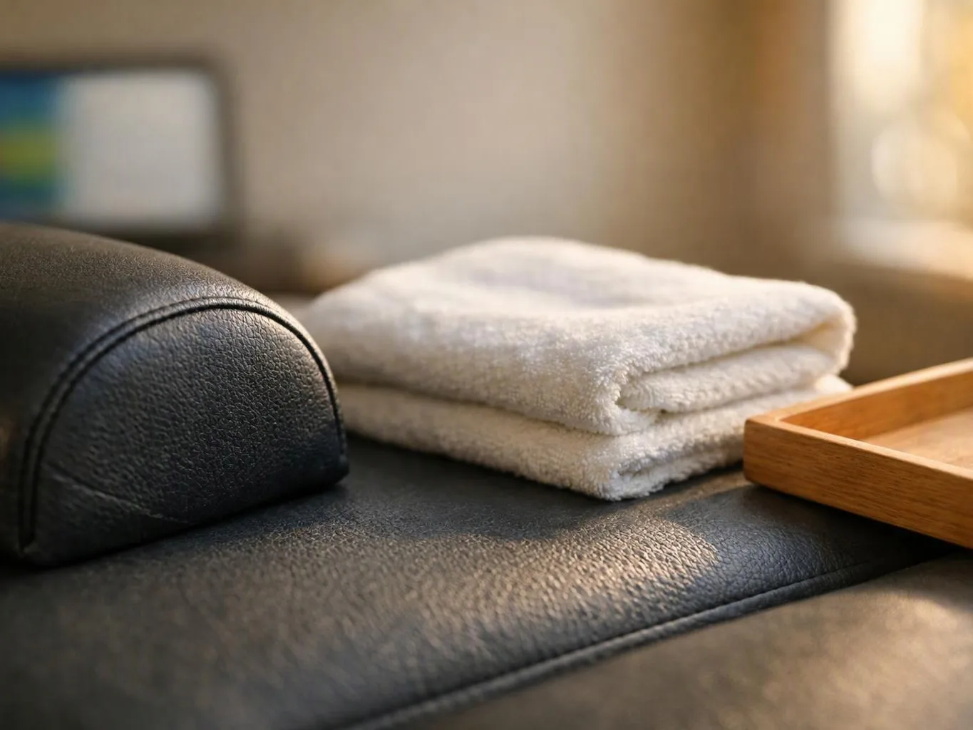 Folded white towels rest on a black leather cushion beside a wooden tray in warm sunlight