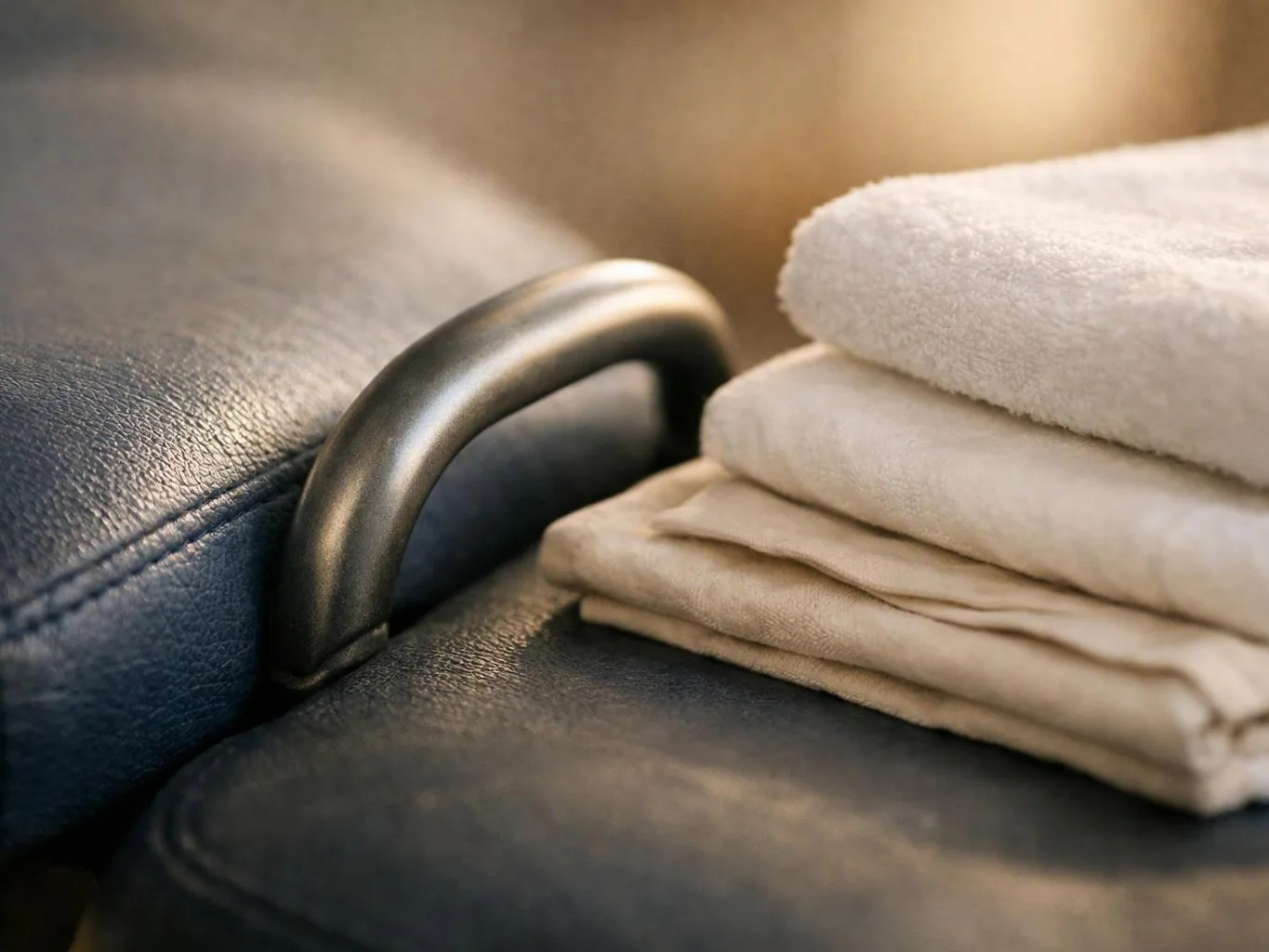 Folded white towels rest on a dark leather seat beside a curved metal armrest