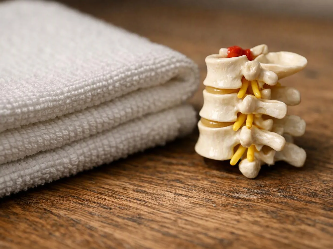 Folded white towels sit beside a small model of stacked spine bones on a wooden table