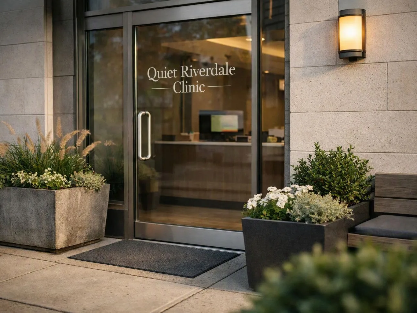 Glass clinic entrance with potted flowers, a wall light