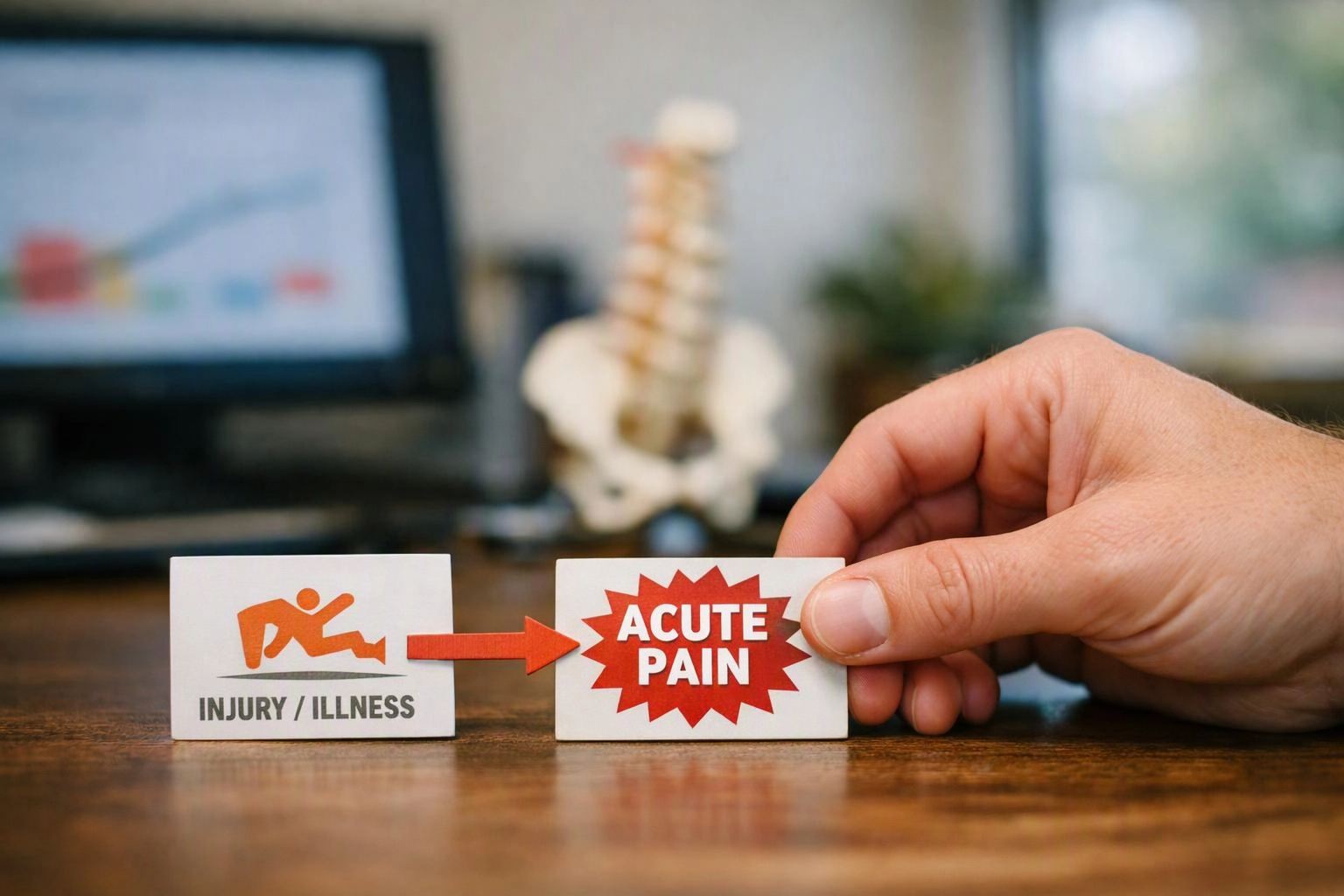 A hand holds an “ACUTE PAIN” card beside an “INJURY / ILLNESS” card on a desk