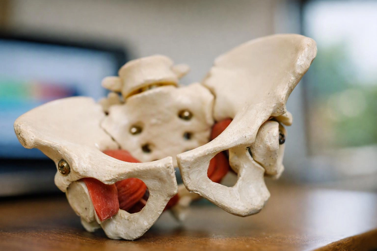 A pelvic bone model with red muscle inserts sits on a wooden table in a blurred indoor room