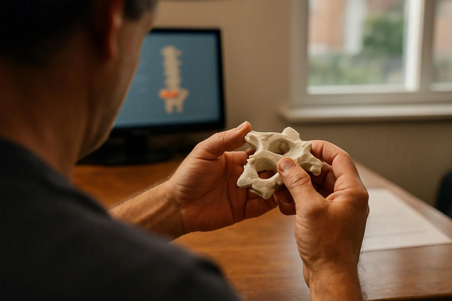 A person holds a small spine model at a desk, with a blurred computer screen and window behind them