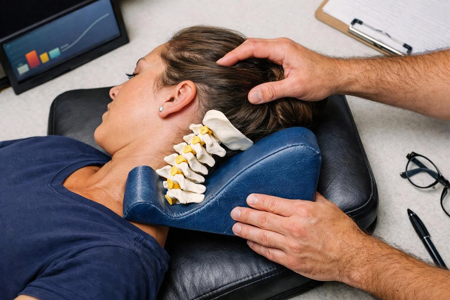 A woman rests on a padded table while a practitioner supports her head with a neck pillow and hand