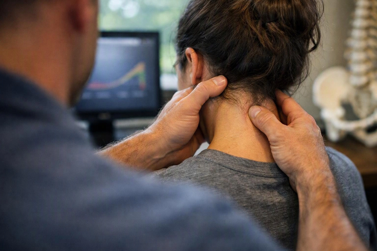 A therapist presses and examines a woman’s neck from behind in a clinic room