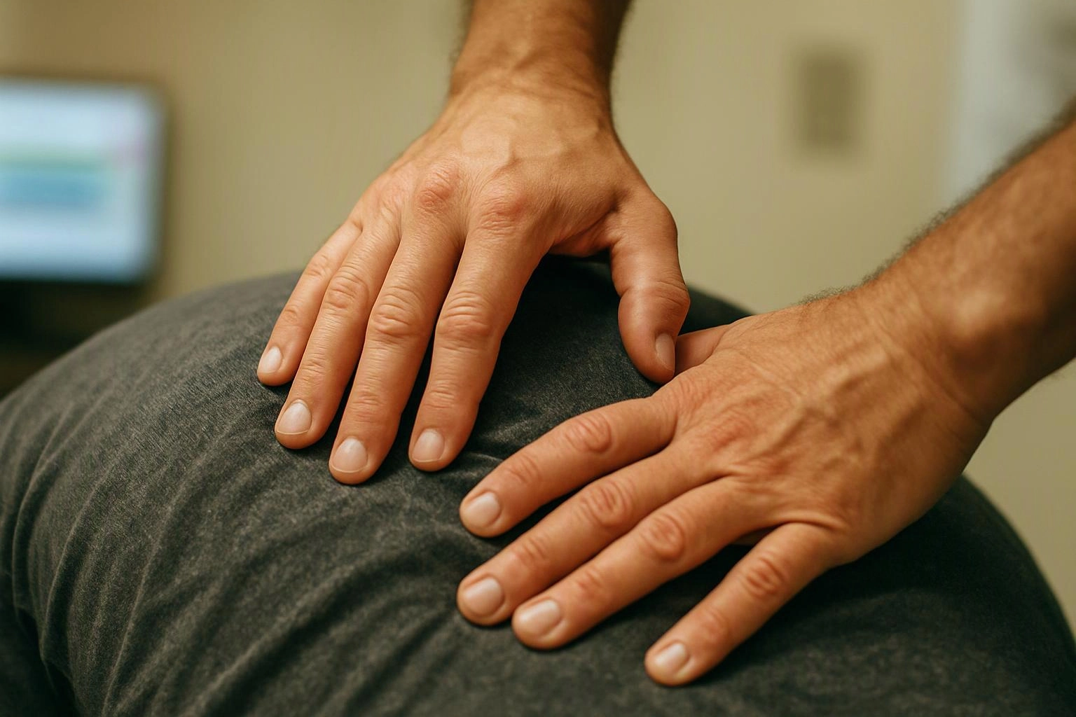 Two hands press on a dark cushion in a softly blurred indoor room