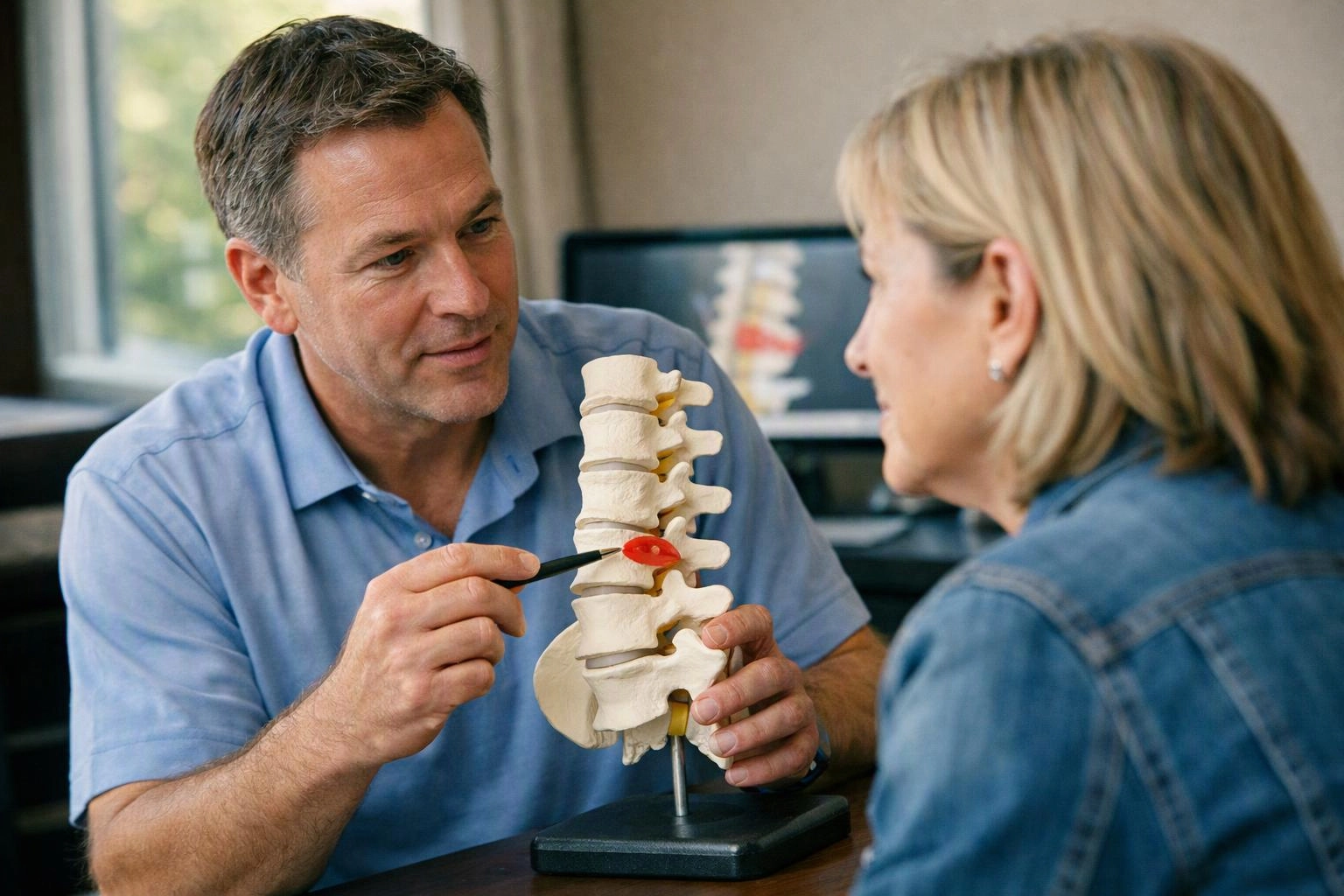 A man shows a spine model to a woman in a bright office setting