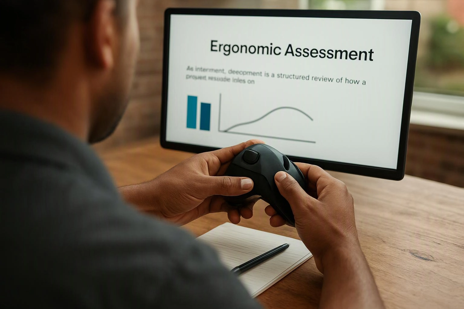 A person holds an ergonomic mouse while viewing an “Ergonomic Assessment” screen at a wooden desk