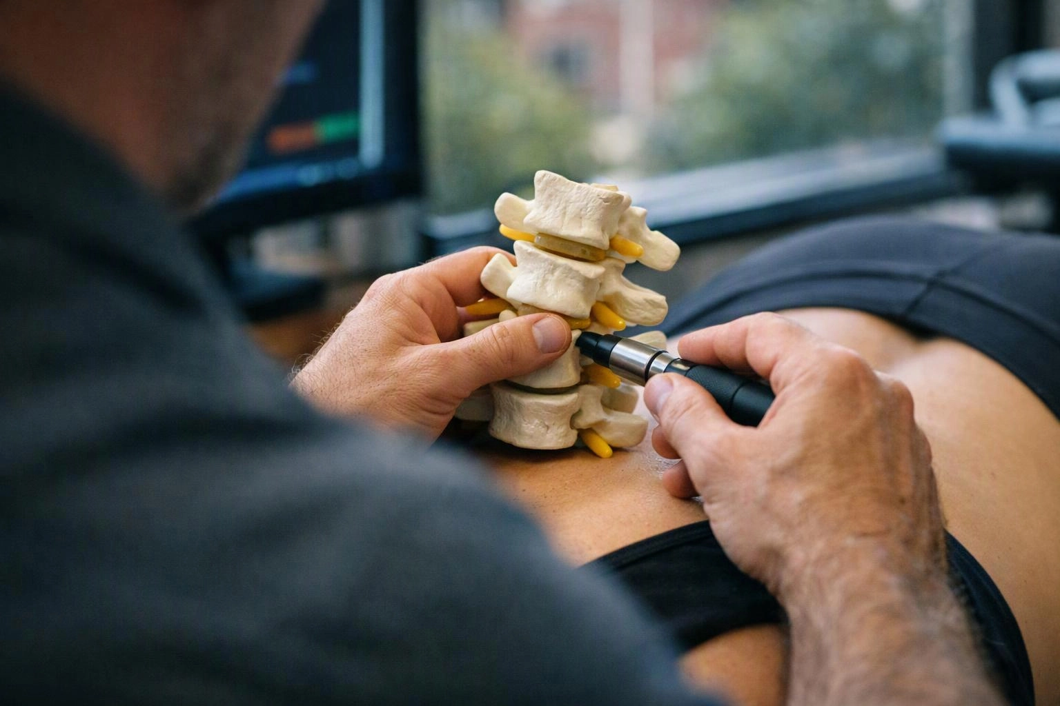 A therapist presses a handheld tool against a model spine on a patient’s back in a clinic room