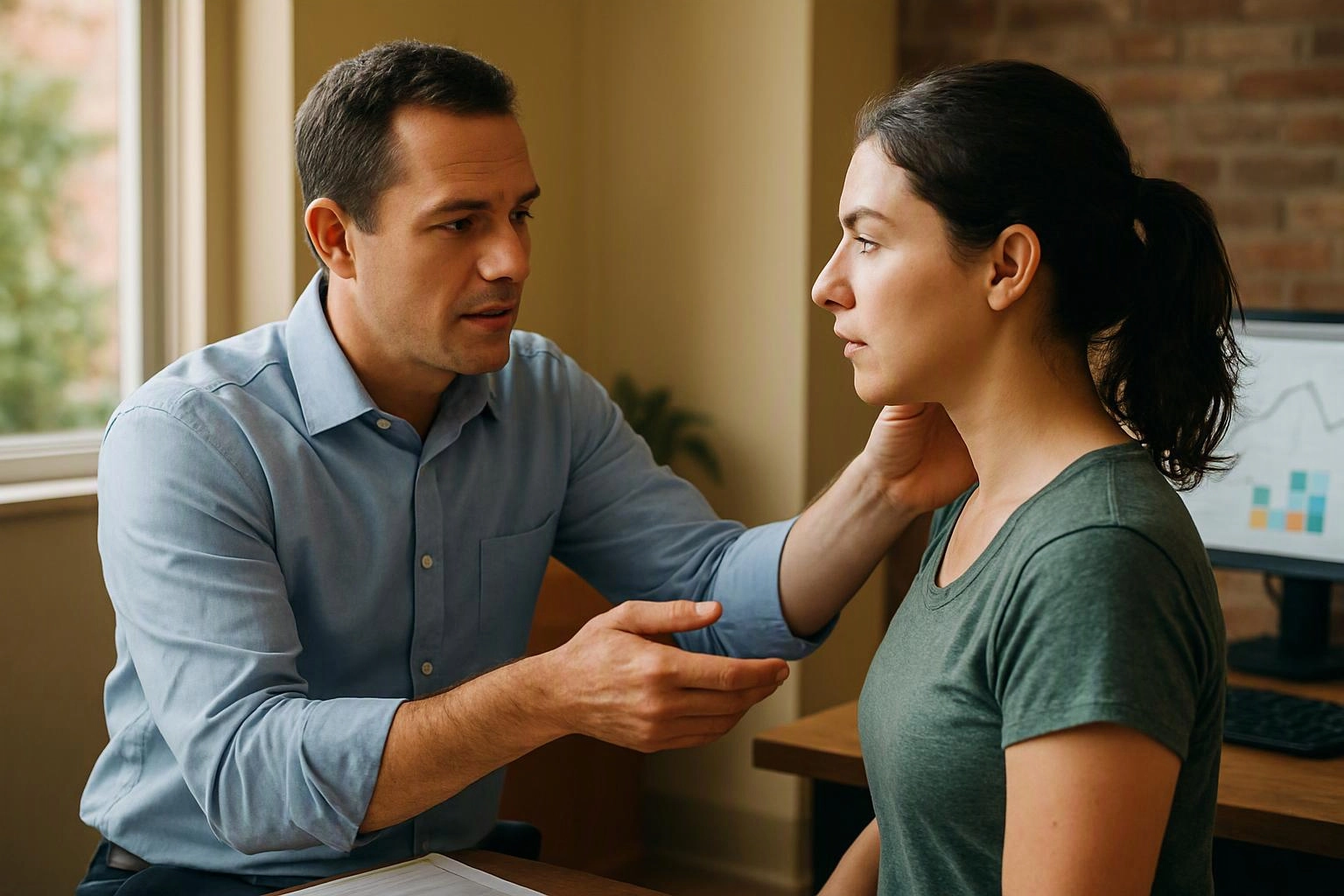 A man gently touches a woman’s neck while talking in a bright office with a computer monitor behind them
