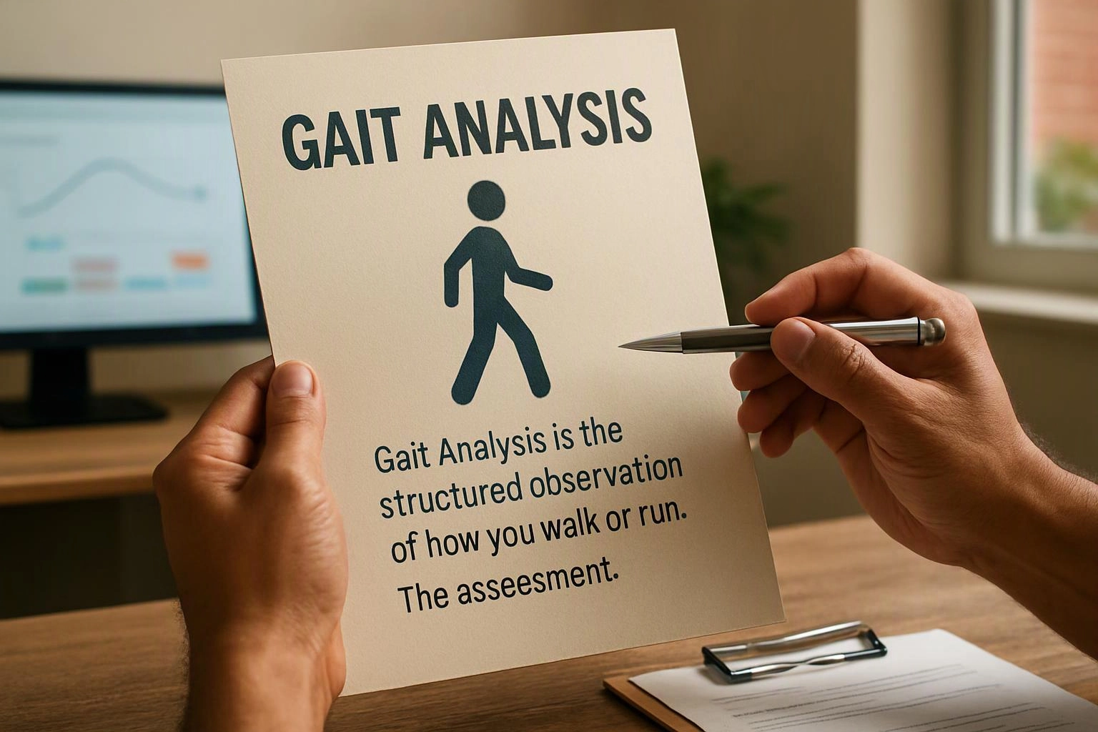 Hands hold a paper labeled Gait Analysis with a walking figure beside a desk and monitor