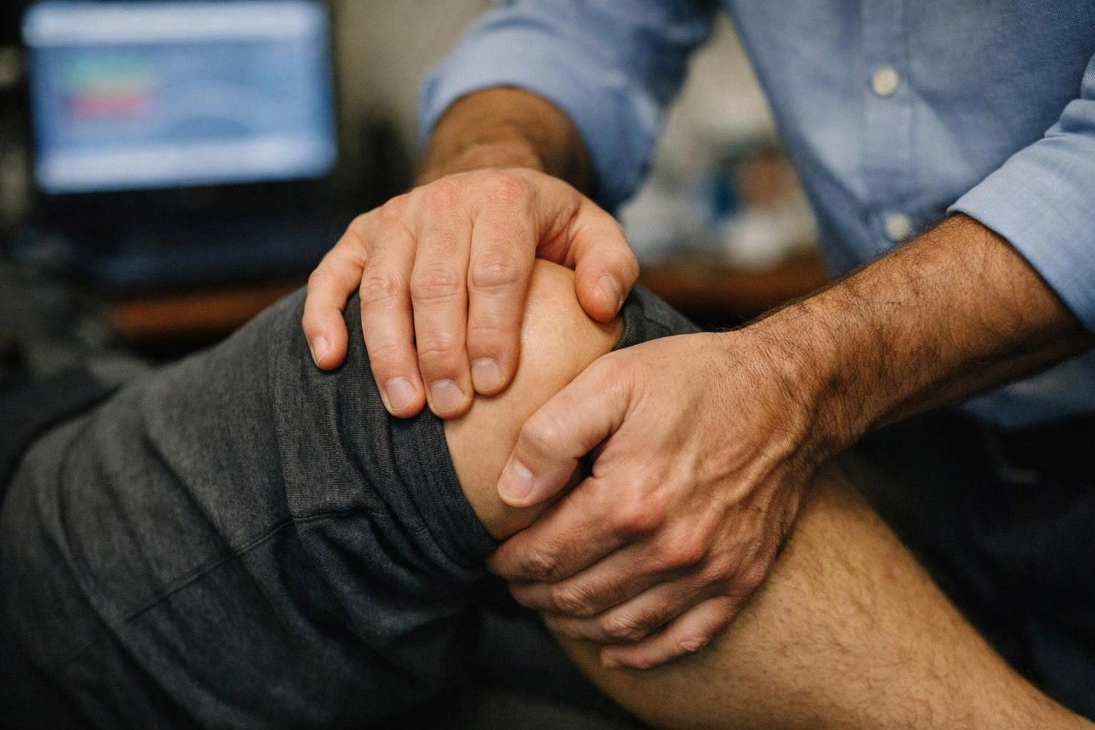 A man in a blue shirt presses and examines a person’s bent knee in a close-up indoor scene