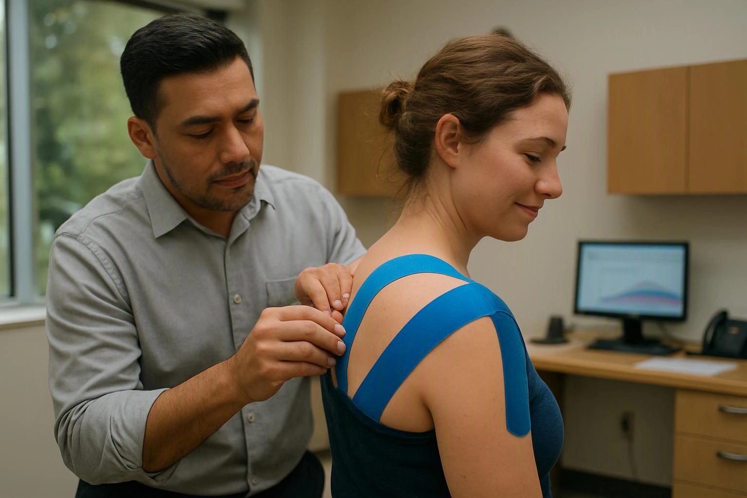 A clinician applies blue kinesiology tape to a woman’s shoulder in a bright exam room