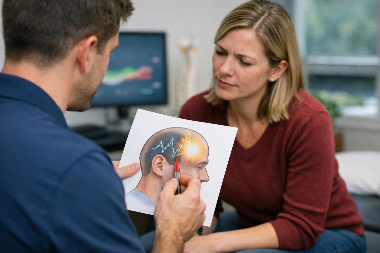 A man shows a woman a head illustration with a bright spot, while they sit in a medical office