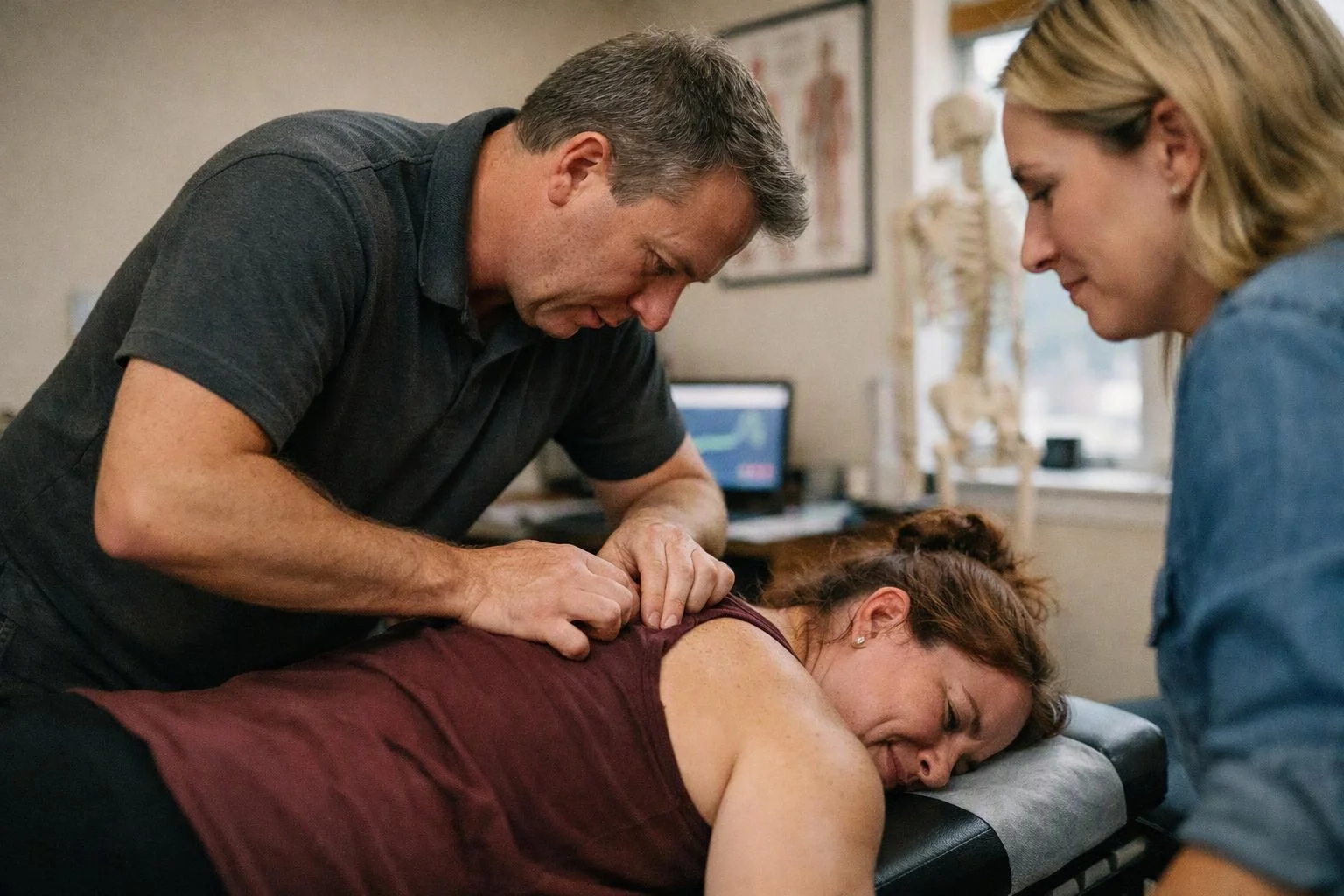 A man presses on a woman’s back while another woman watches in a medical treatment room
