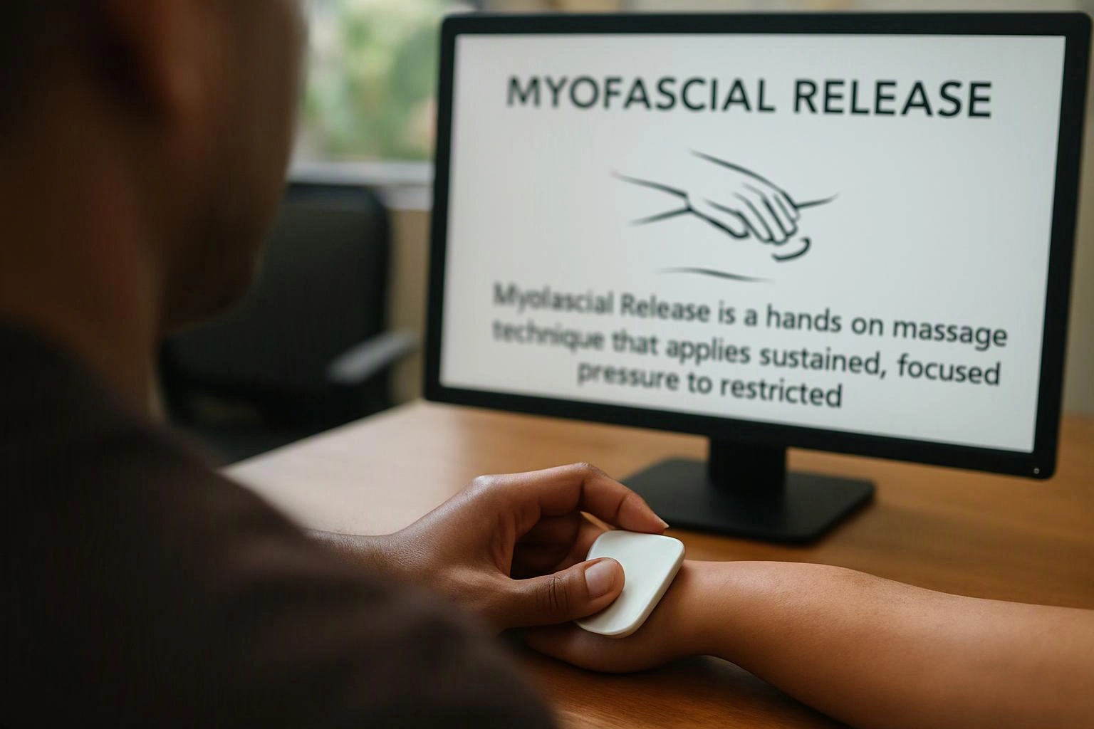 A person uses a small handheld device on an arm while a monitor shows myofascial release text and a hand icon