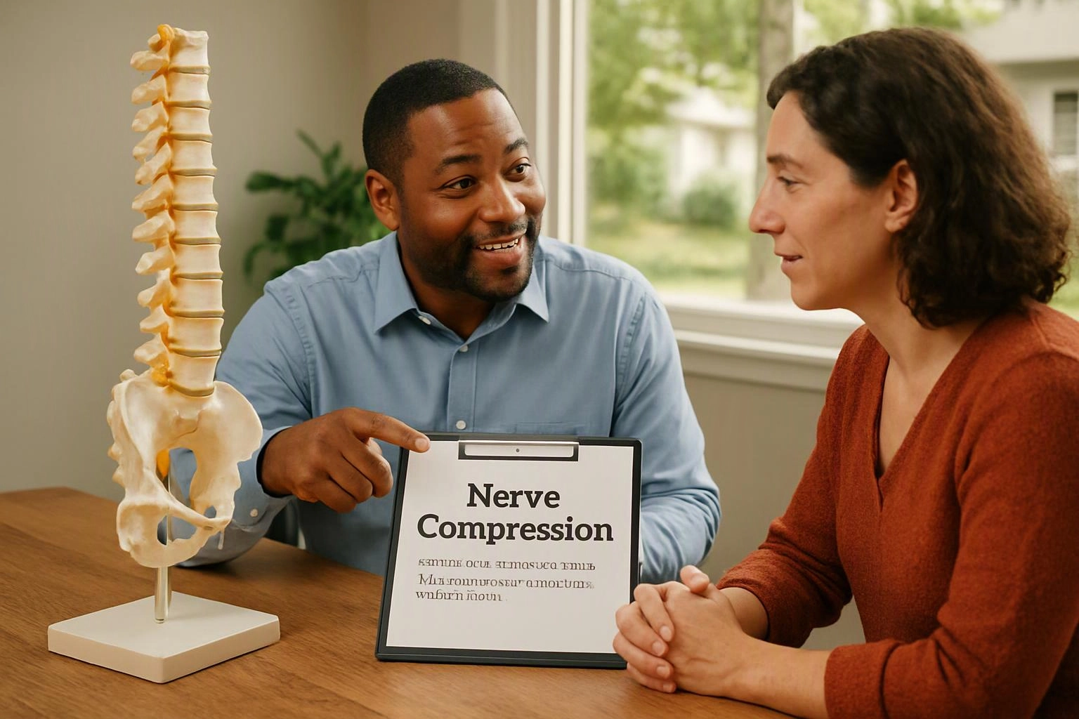 A man points at a clipboard labeled “Nerve Compression” while talking to a woman beside a spine model indoors