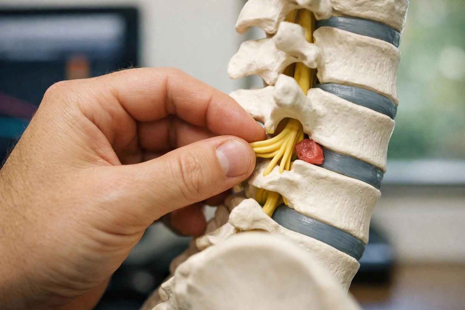 A hand pinches yellow nerve fibers on a spine model with white vertebrae and gray discs