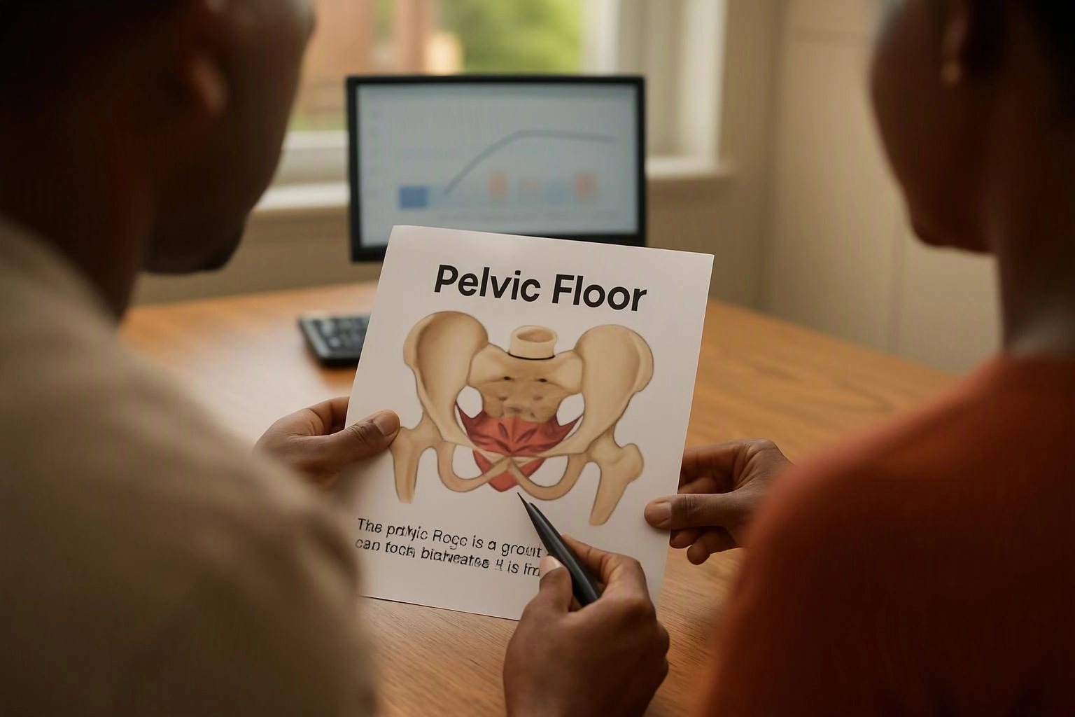 Two people study a pelvic floor diagram on a paper sheet at a desk with a computer screen in the background