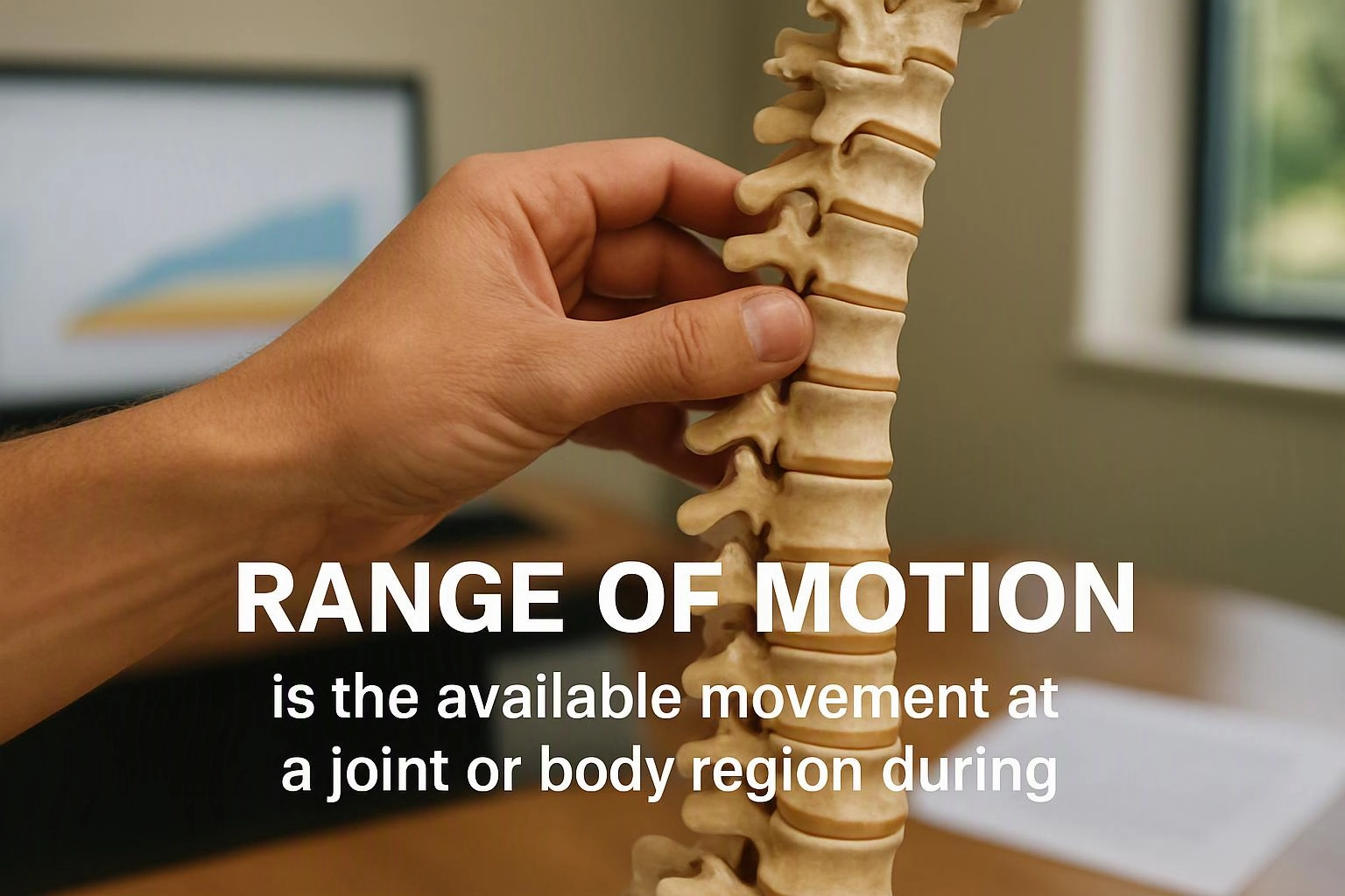 A hand holds a spine model in a room, with text explaining range of motion