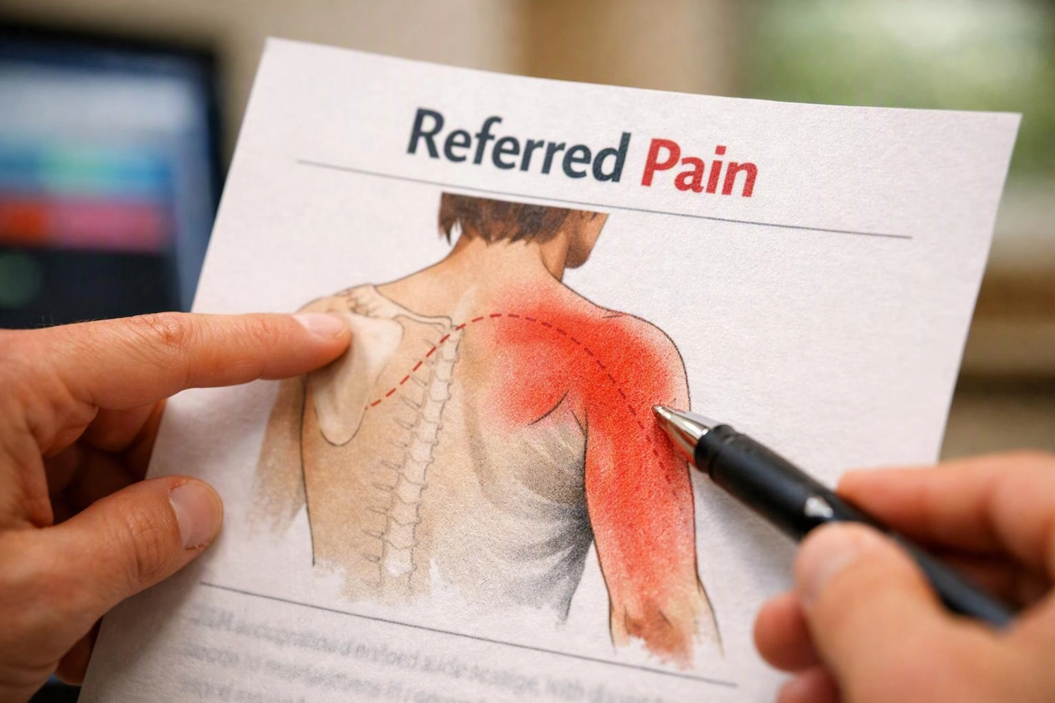 Hands point to a shoulder pain diagram on a paper titled Referred Pain