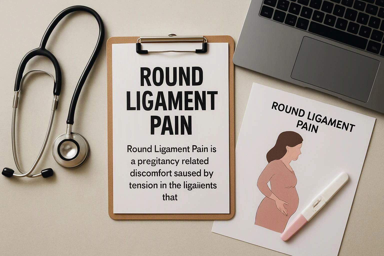 A clipboard, stethoscope, laptop corner, and pregnancy pamphlet sit on a desk with a test strip over it