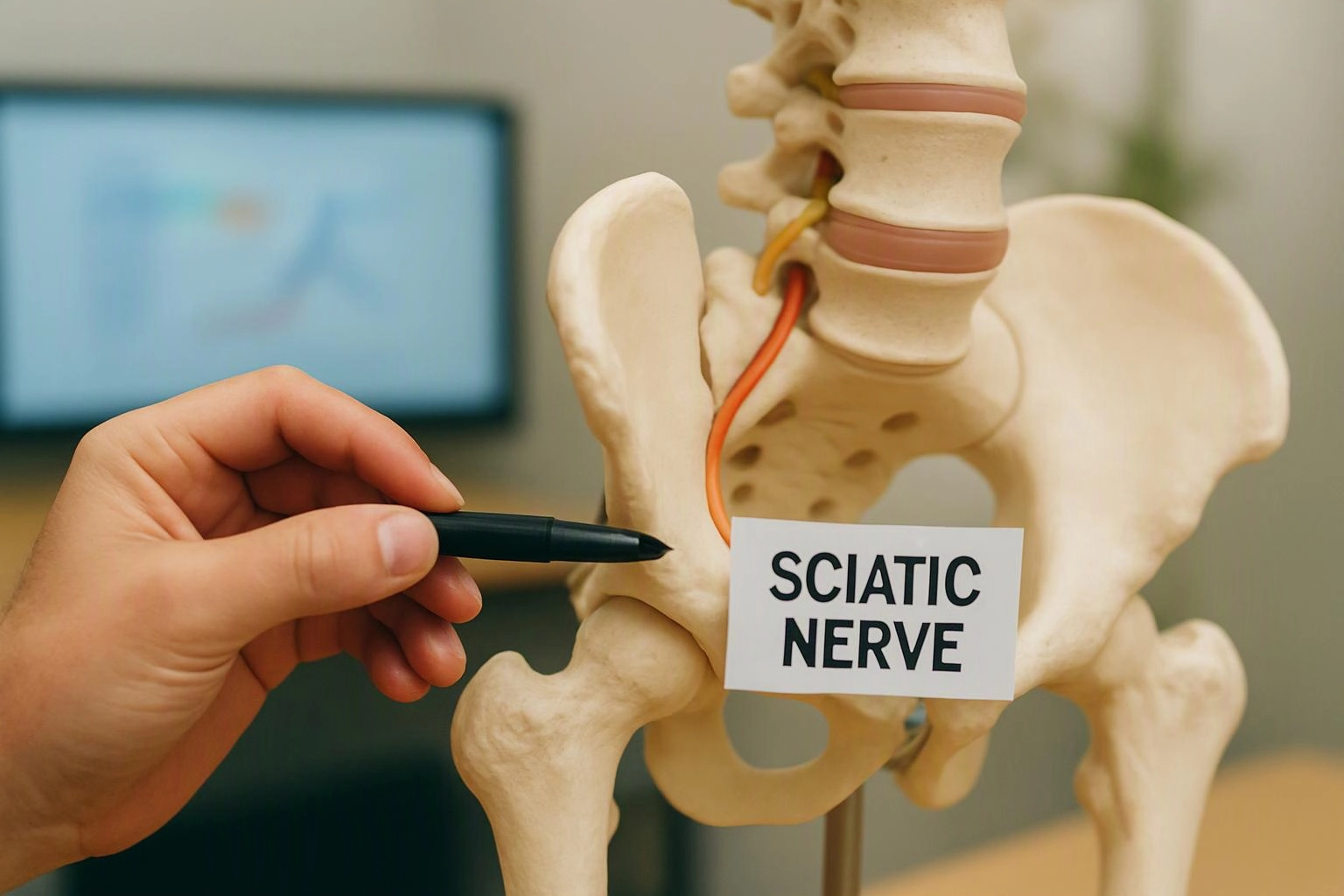 A hand points a pen at a pelvis model labeled “SCIATIC NERVE” in a clinic setting