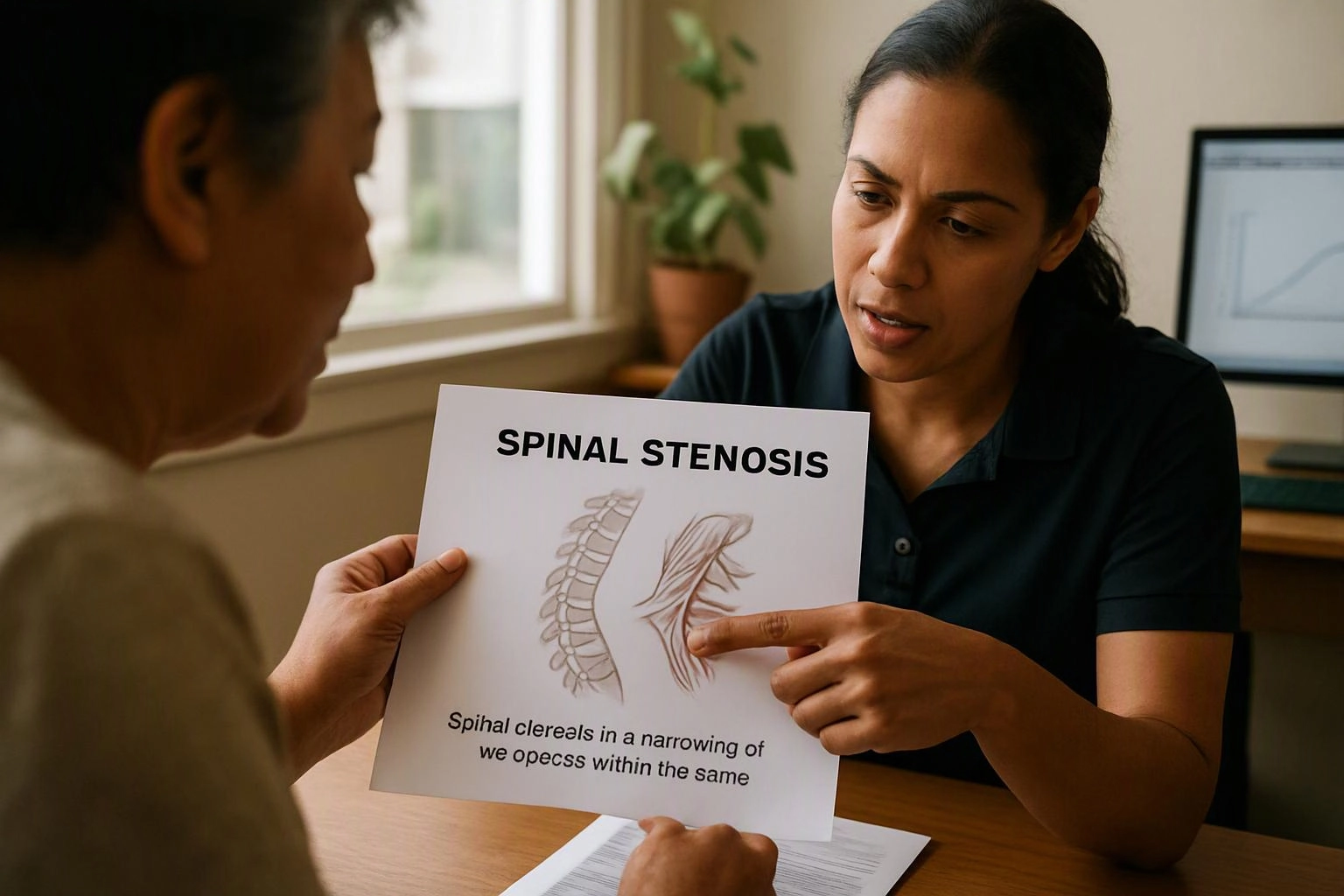 A woman points to a spinal stenosis diagram during a conversation at a desk in a bright office