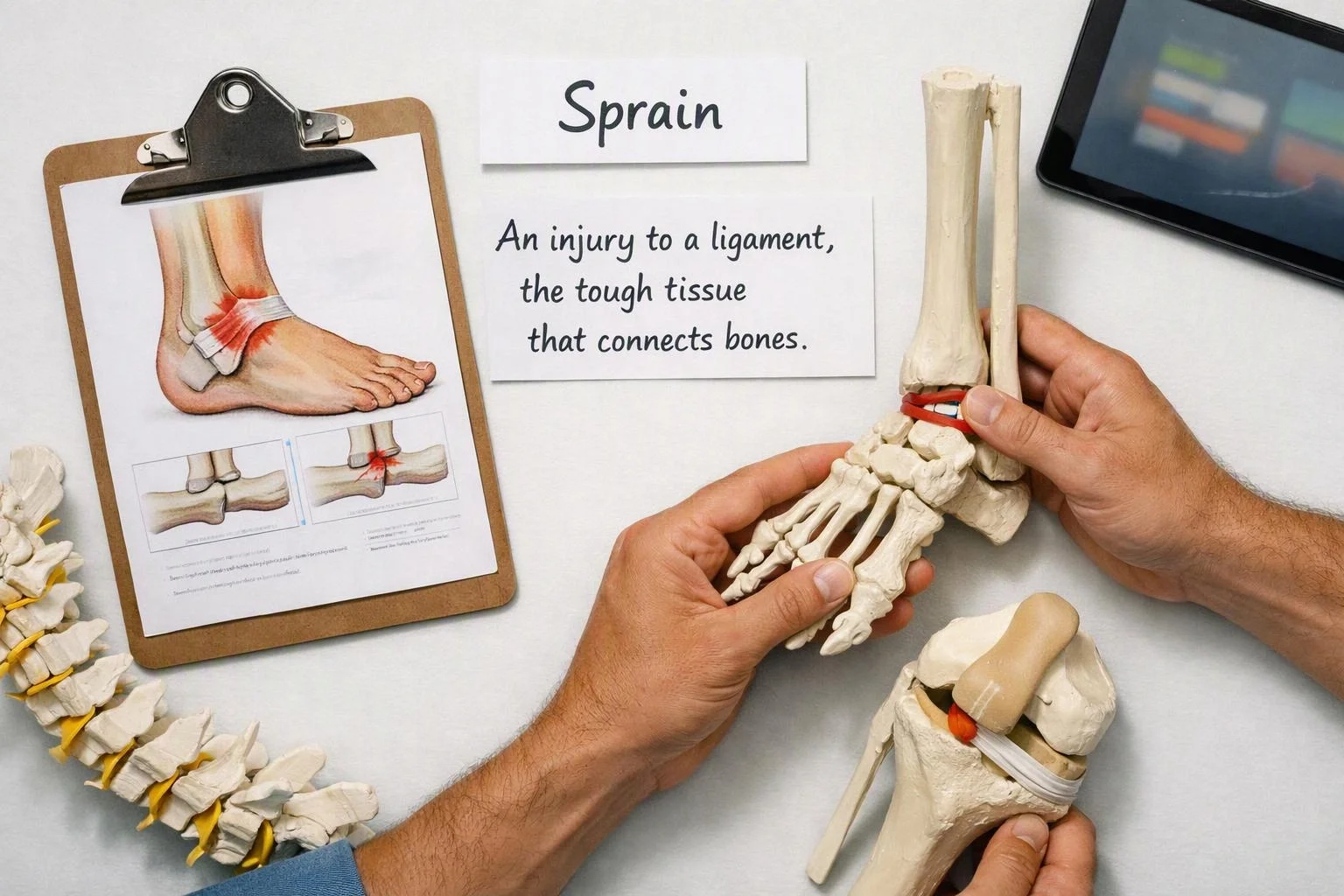 Hands hold a foot skeleton model beside a clipboard, with sprain diagrams and an ankle injury label on a white table