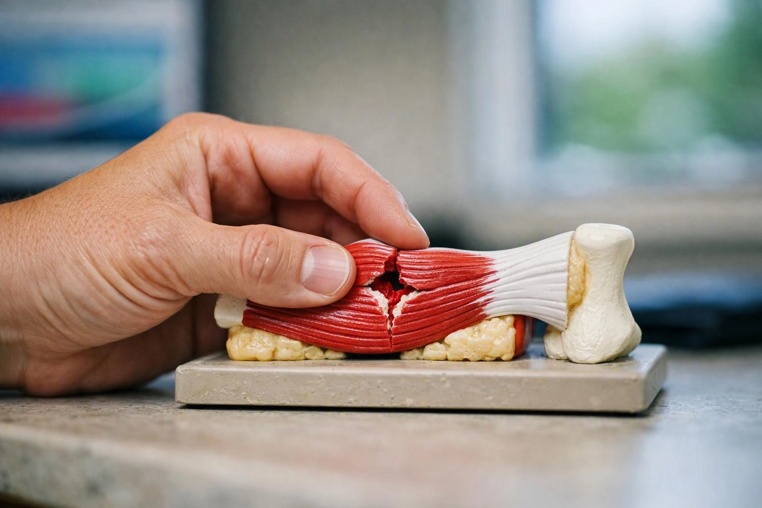 A hand presses a red and white anatomy muscle model on a table indoors