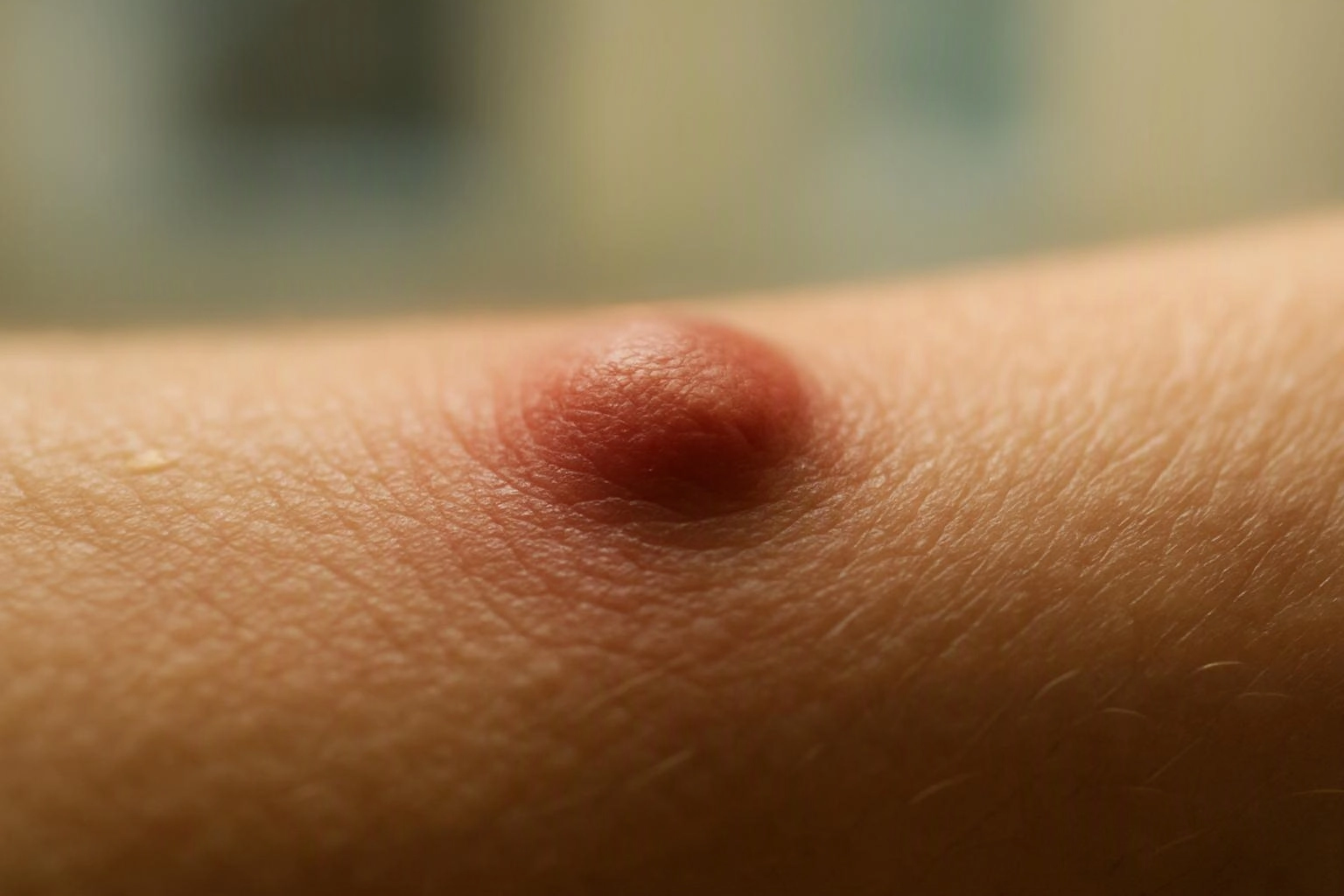 A close-up shows a red raised bump on skin with a blurred background