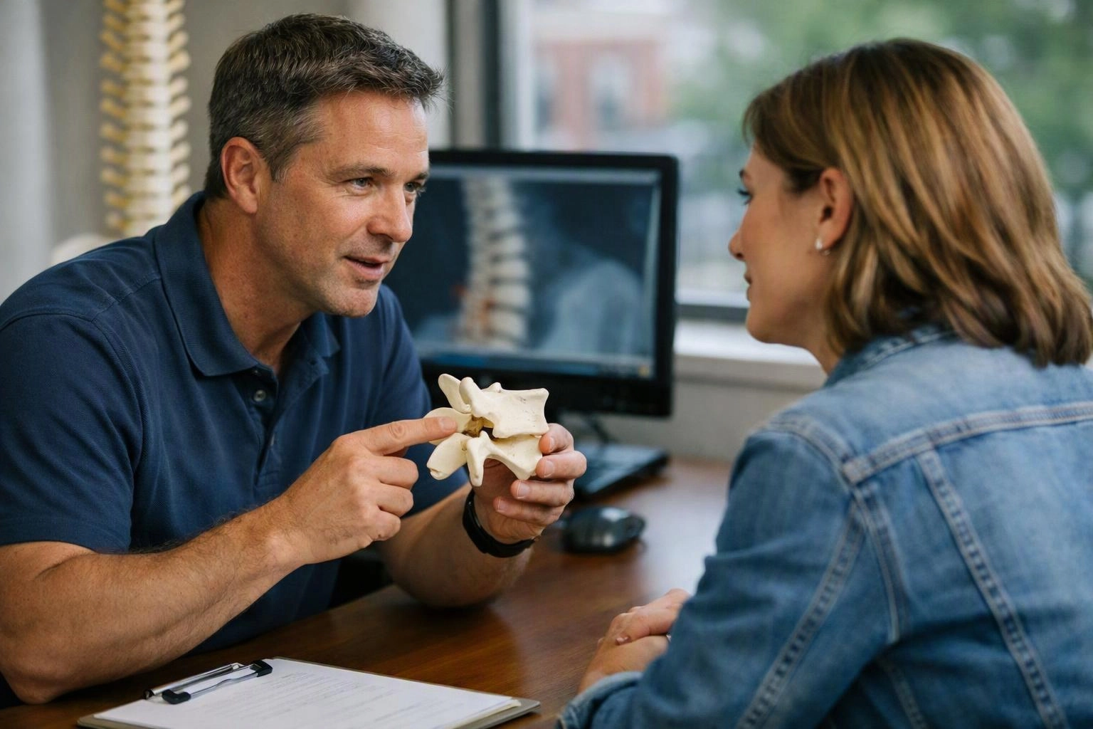A man points to a spine model while talking with a woman across a desk in a medical office
