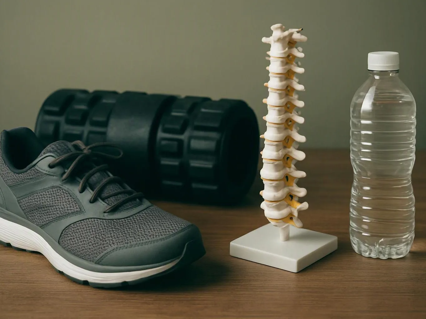 A gray running shoe sits beside a spine model, a foam roller, and a water bottle on a wooden table