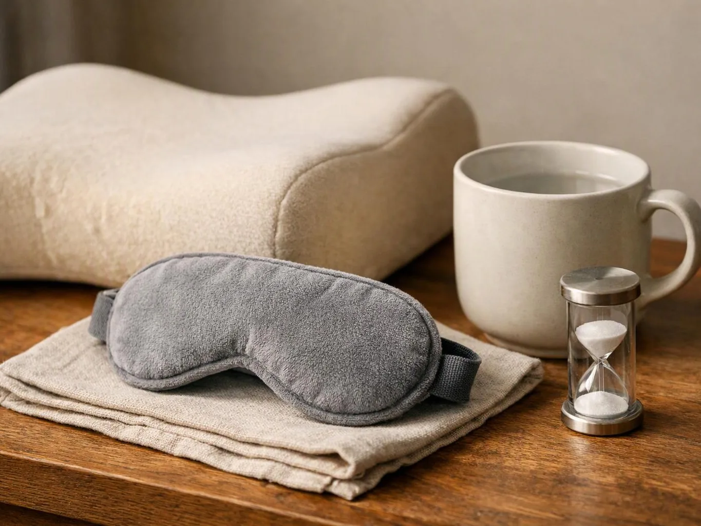 A gray sleep mask rests on folded cloth beside a white mug and small hourglass on a wooden table