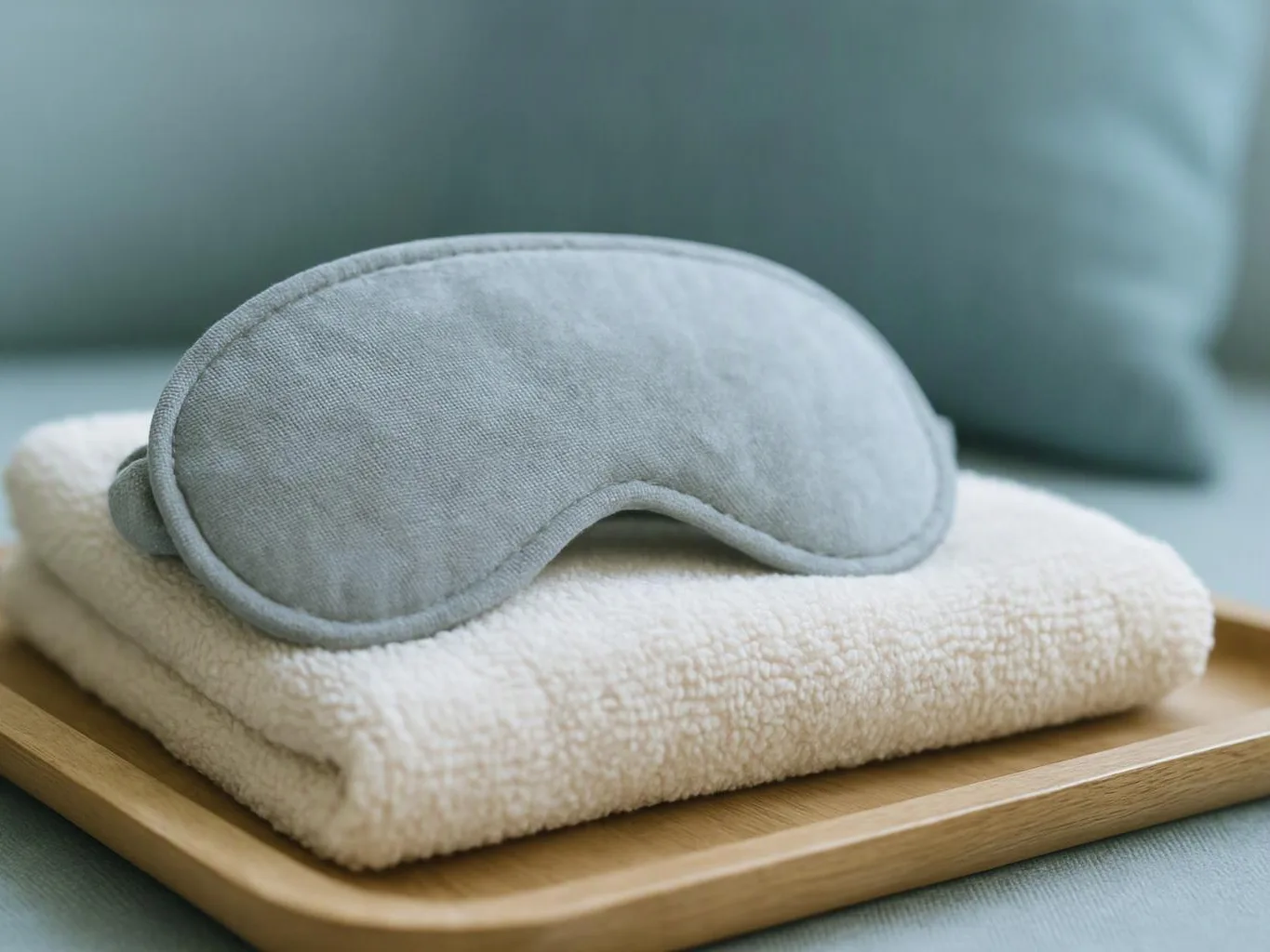 A gray sleep mask rests on folded white towels on a wooden tray