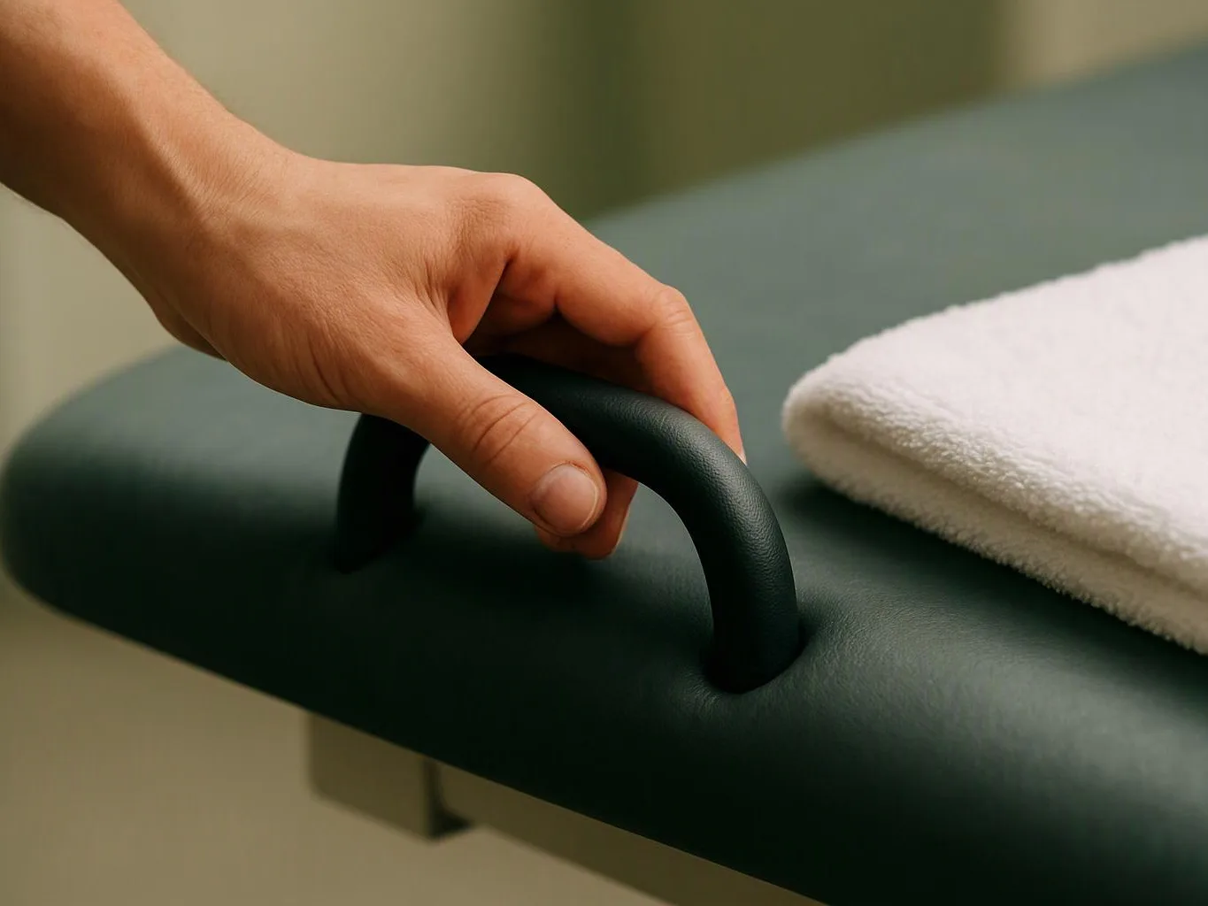 A hand grips a curved handle on a padded treatment table beside a folded white towel